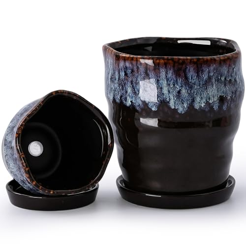4+6 Inch Ceramic Planter Set of 2 with Drainage Hole,Saucer for Plants, Indoor-Outdoor Round Succulent Orchid Flower Pot- Cement Paint, Inner-pots not Larger Than 5 Inch Reactive Glaze Spot - color: Reactive Glaze Spot, size: 4inch+6inch-Set of 2
