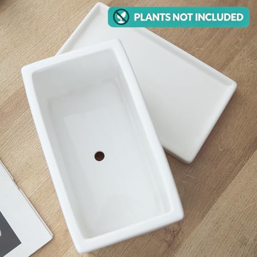 8 Inch Rectangular Ceramic Plant Pot, Window Box, Glazed White - color: White, size: 8 Inch