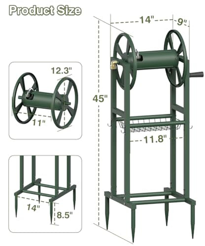 Freestanding Garden Hose Reel holds 125ft Hose of 5/8" with 4 Hooks, 4-Spike Outdoor Hose Holder with 3.9ft Leader Hose & Brass Fitting, Detachable Metal Hose Stand with Storage Rack, Green - color: Green