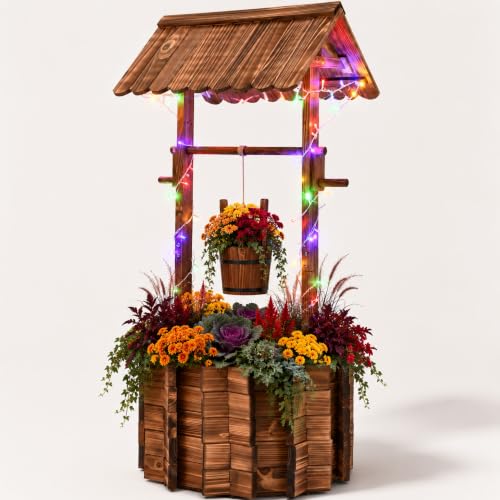 54" Outdoor Wooden Wishing Well Planter with Colorful LED Lights - color: 54" H-wishing Well Planter