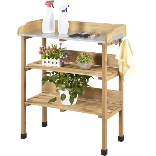 Outdoor Potting Bench Table Storage Shelf Natural Wood 30.5in