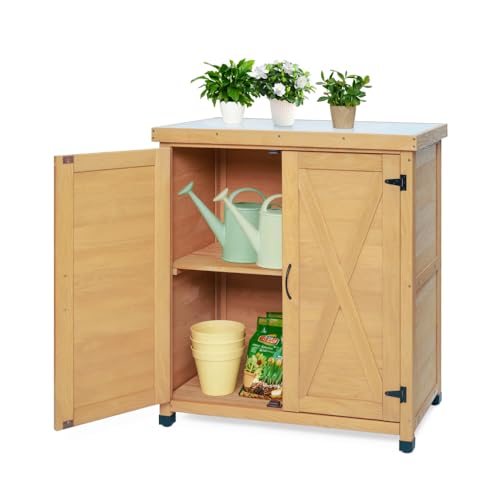 Outdoor Potting Bench with Storage Cabinet Metal Table Top Hemlock Wood Weatherproof Work Station for Patio Yard Deck Garage (Light Brown) - color: Light Brown