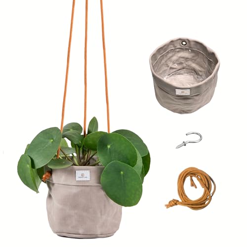 Large Waxed Canvas Handmade Hanging Planter for Indoor/Outdoor Plants, Hanging Basket Plant Holder Stone Gray with Hook - color: Stone Gray, size: 6 Inch