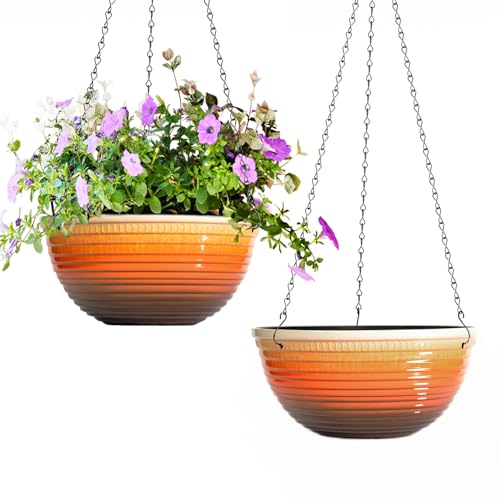 2 Pack 10 Inch Glazed Hanging Planters for Indoor Outdoor Plants, Orange - color: Orange, size: 10inch