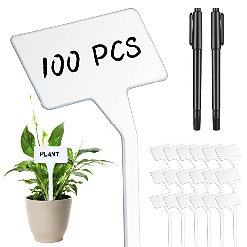 Yinkin 100 Pcs Large Plant Label Signs 11.8 Inch Plant Markers Plastic Garden Label Stakes Waterproof T Type Tags Nursery Garden Signs with Marker Pen for Flower Herb Pot(White) - color: White