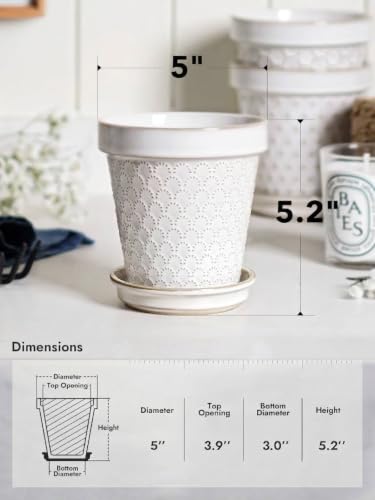 LE TAUCI Ceramic Plant Pots, 5 Inch Flower Pots with Drainage Hole & Saucer, Embossed Planter Pots for Indoor Plant Succulent, Orchid, Cactus, Home Decor - Set of 4, Arctic White - size: 5 inch