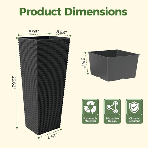 24 Inch Tall Outdoor Planters with Rattan Texture - Set of 2, Large Flower Pots for Patio, Garden, Indoor & Outdoor Use, with Removable Inner Pot & Drainage Holes - color: Black, size: 24inch with Tray