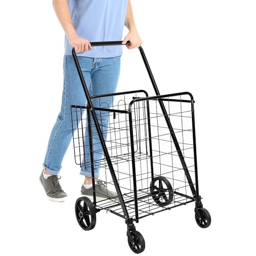Amazon Basics Foldable Collapsible Shopping Utility Cart with 360-Degree Wheels, Multi-Functional for Sports, Easy Assembly, X-Large, Black