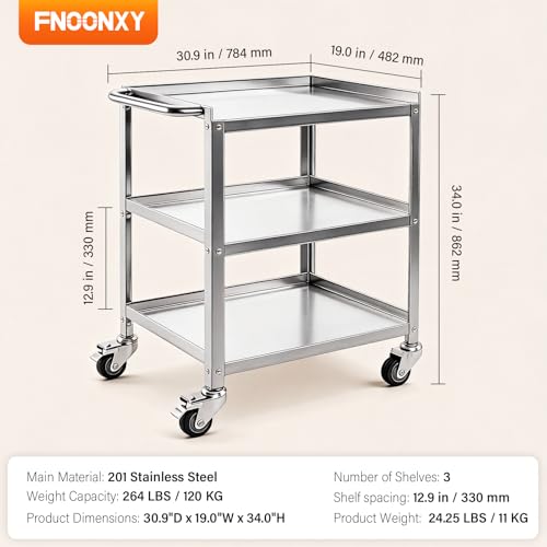 3-Tier Stainless Steel Rolling Utility Cart, Heavy Duty Metal Kitchen Cart 30.9"×19.0"×34.0" with Handle & Locking Casters, Mobile Kitchen Island on Wheels for Restaurant, Home（Lab） - size: Large