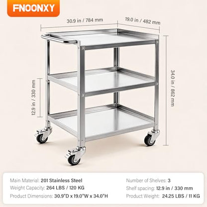 3-Tier Stainless Steel Rolling Utility Cart, Heavy Duty Metal Kitchen Cart 30.9"×19.0"×34.0" with Handle & Locking Casters, Mobile Kitchen Island on Wheels for Restaurant, Home（Lab） - size: Large