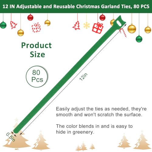 80Pcs Christmas Garland Ties Green Hook and Loop Adjustable Holiday Garland Hanger Nylon Garden Plant Cable Strap for Wreath Garland Making Christmas Tree Door Banister Railing Stairway Decoration - color: Green