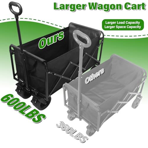 Folding Wagon Cart with All-Terrain Wheels – Heavy Duty Collapsible Utility Wagon for Grocery, Sports, Garden, Camping, Shopping (Black 600LBS) - color: Black_600lbs
