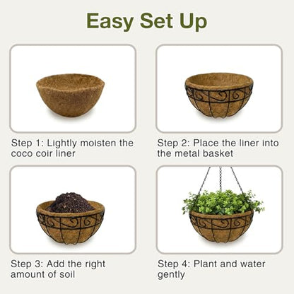 12 Inch Hanging Baskets for Plants Outdoor, 2 Pack Metal Wire Hanging Planters with Coco Coir Liners, Rust-Resistant Flower Basket with Chains & Hooks for Garden Patio Porch Deck Balcony - size: 12IN-2PCS, style: Flower Border