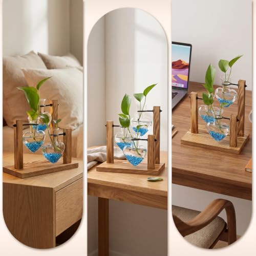 Plant Propagation Station, Heart-Shaped Hydroponic Glass Vase with Wooden Stand Decorative Propagation Stations with Blue Glass Beads for Home Desk Office Gardening Gifts for Plant Lovers