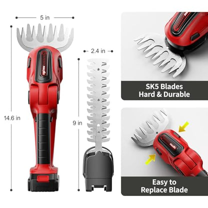 FULLYEA Cordless Hedge Trimmer, 2-in-1 Grass Shear with 2 * 2.0Ah Batteries