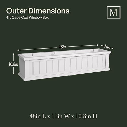 Mayne Cape Cod 4ft Window Box - White - 48in L x 11in W x 10.8in H - Polyethylene - Built-in Water Reservoir (4841-W) - color: White