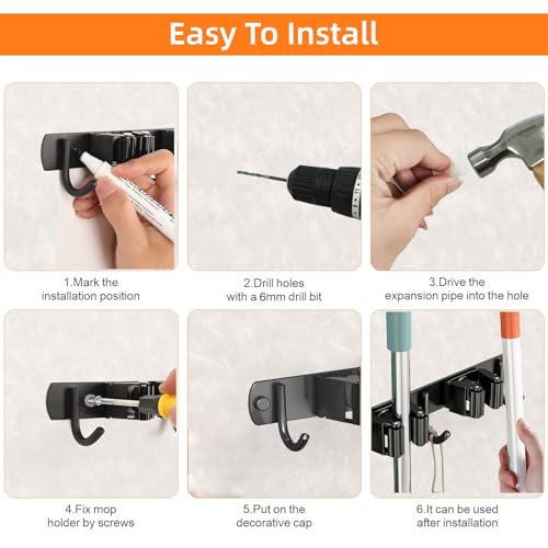 2 Pack Mop and Broom Holder Wall Mount for Kitchen Garden Garage Laundry - color: Black, size: 2 Pack 5 Racks with 4 Hooks