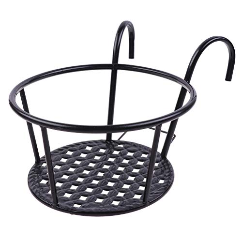 Hanging Railing Planters Baskets Art Hanging Flower Stands Balcony Flower Pot Holders Plant Iron Racks Fence Metal Potted Stand Mounted Balcony Round Plant Basket Shelf Container Box,Garden Steel Pots - color: Black-full Bottom