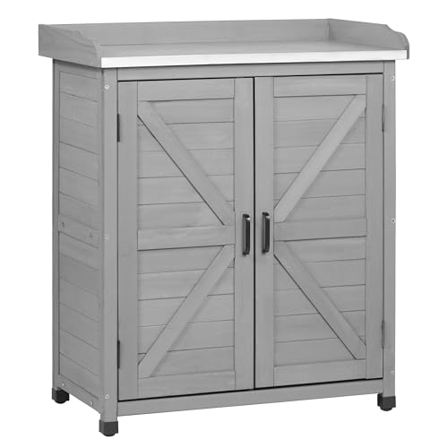 Outdoor Potting Bench with Storage Cabinet and Metal Top, Wood Workstation for Outdoor Patio, Garden (Classic Grey, 31.5x17x39‘’) - color: Classic Grey, size: 31.5x17x39"