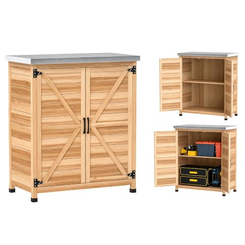 Outsunny Outdoor Storage Cabinet with Metal Tabletop Shelves Natural Wood - color: Natural Wood