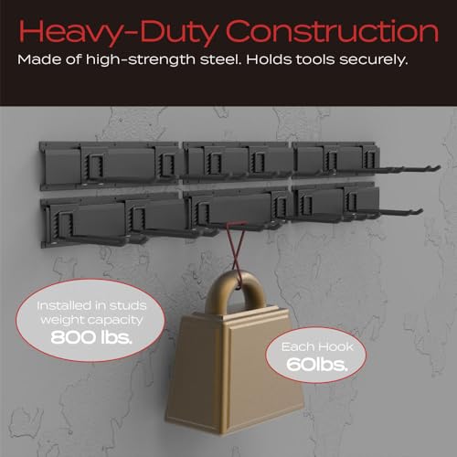 VAULTON 96" Garage Wall Organizer, Steel Tool Rack, 6 Rails 12 Double Hooks - size: 18-Piece Set (6 Rails, 12 Hooks)
