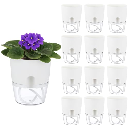 Planterhoma 12 Pack Self Watering Pots for Indoor Plants, 4 Inch Plant Pot Plastic Self Watering Planter for Orchid, African Violet, Small Clear Flower Pots with Drainage Holes and Wicking Rope, White - color: White, size: 4 In - 12 Packs