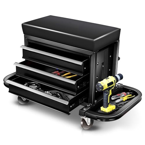 Auto Dynasty Mechanic Rolling Seat, 3-Drawer w/Tool Tray, 350LBS, Black - color: Black