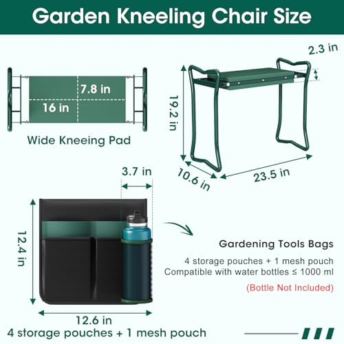 OAOA innovation 2-in-1 Garden Kneeler with Umbrella, Kneeling Bench & Black Umbrella, Portable Stool 330lb Capacity, Garden Tools Bag with Bottle Holder, Gardening Gift for Men Women Seniors - color: Black