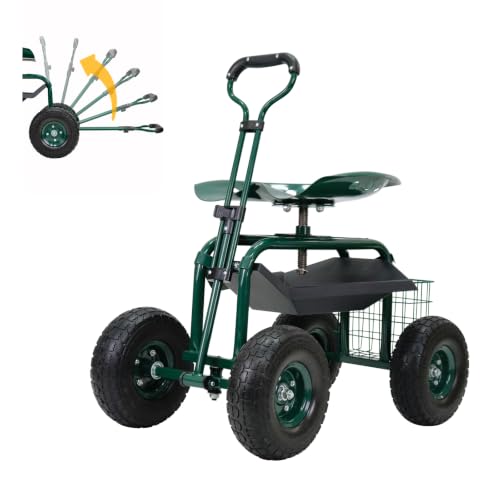 Rolling Garden Cart with Wheels, Gardening Stool with Basket,Adjustable Steering Handle, 360 Degree Swivel Seat for Yard,Patio,and Outdoor - size: Style F