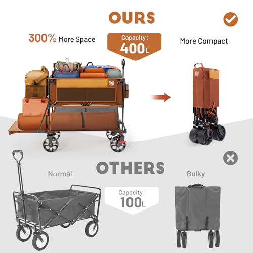 TIMBER RIDGE 400L Folding Double Decker Wagon with Brakes, 54" Extra Long - color: Orange, size: Double Decker