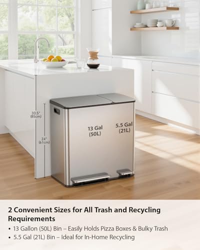 Lovewind Double Trash Can Kitchen, 13+5.5 Gallon Stainless Steel Dual Trash and Recycle Bin Combo with Silent Close Lid, Heavy-Duty Foot Pedal, Easy to Clean Garbage Can for Large Families, Silver - color: Silver, size: 13+5.5 Gallon
