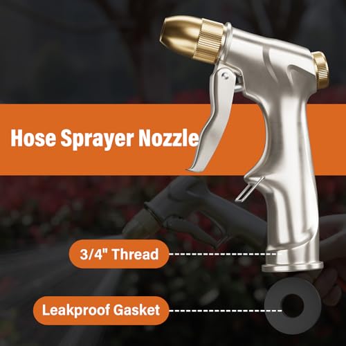 100% Metal Heavy Duty Garden Hose Nozzle with Brass Nozzle with 4 Patterns - color: Silver Gray
