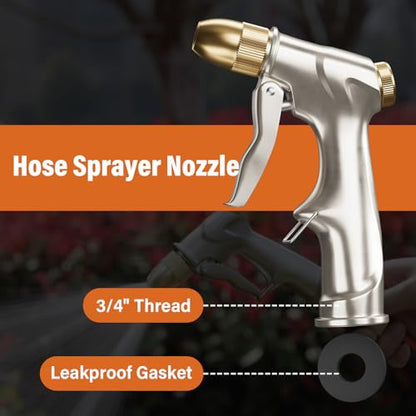 100% Metal Heavy Duty Garden Hose Nozzle with Brass Nozzle with 4 Patterns - color: Silver Gray