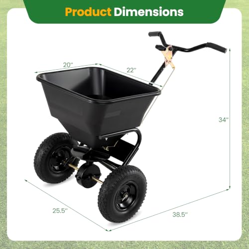 66LBS Walk-Behind Broadcast Spreader with 13" All-Terrain Pneumatic Tires, 6.5FT Spreading Width & Adjustable Flow Control, Push Fertilizer Spreader for Grass Seed, Salt & Ice Melt (Black) - color: Black