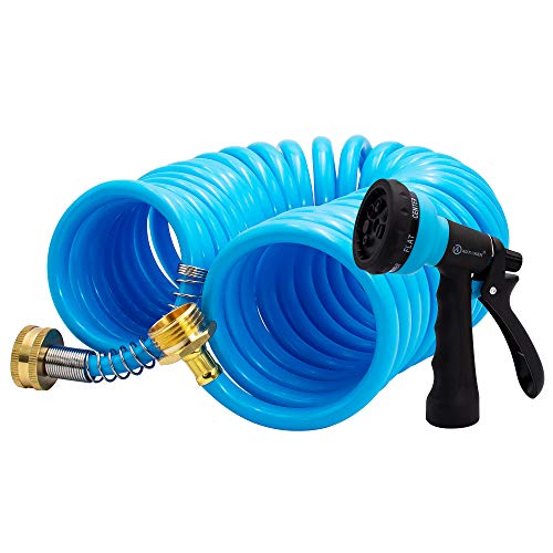 AUTOMAN EVA Recoil Garden Hose 25ft - Includes 7 Pattern Spray Nozzle,Curly Water Hose 25 Foot,Watering Hose Coil,Retractable,Corrosion Resistant Garden Coil Hose.Blue - color: Blue, size: 25 ft