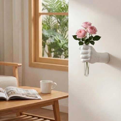 Wall Mounted Hand Vase with Glass Tube, Modern Resin Hand Flower Vase for Dried Flowers & Fresh Blooms, Nordic Minimalist Sculpture for Living Room Bedroom Bathroom Entryway Decor, White
