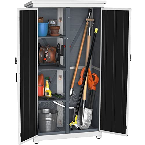GDLF Outdoor Storage Cabinet, Wood & Metal Garden Shed, Tall Tool Organizer - color: Grey/Black, size: 65.5"H