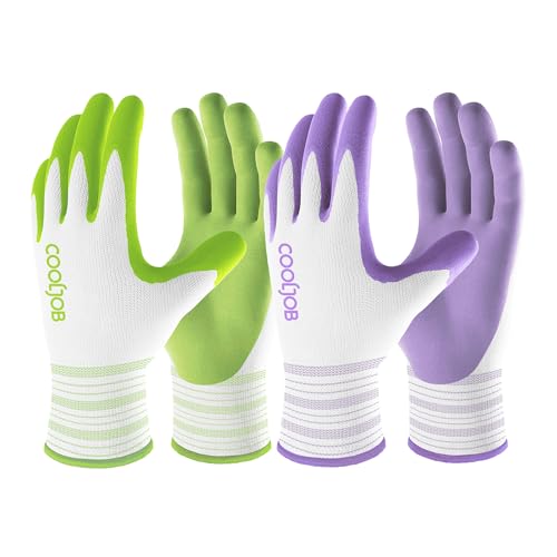 COOLJOB 2 Pairs Gardening Gloves for Women Ladies, Breathable Rubber Coated for Yard Garden, Outdoor Indoor Protective Work, Medium Size, Lavender Purple & Apple Green - color: Lavender Purple, Apple Green, size: Medium (Pack of 2)