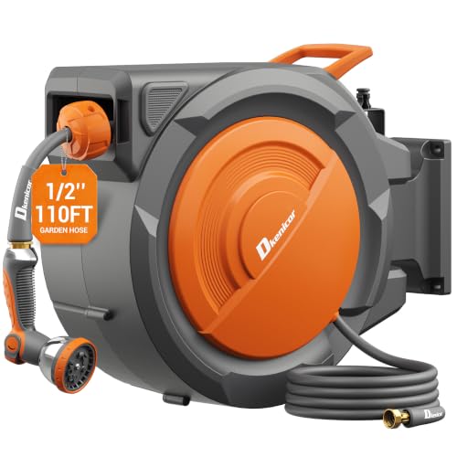 Retractable Garden Hose, 1/2" × 110 ft Wall Mounted Garden Hose Reel with 10-Pattern Hose Nozzle, Heavy Duty Water Hose Any Length Lock,Slow Return System,180°Swivel Bracket - color: Orange, size: 1/2" × 110 ft