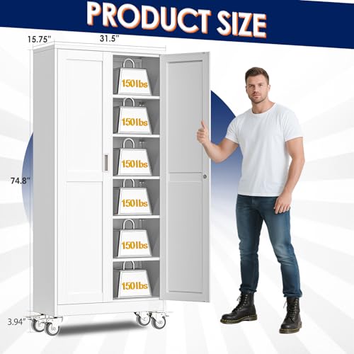 erosoei 75" H Metal Garage Storage Cabinet, Rolling Tool Cabinet with 2 Doors and Wheels, Locker Steel Cabinet with 5 Adjustable Shelves, Organization Cabinet for Garage,Office,Home,Gym,School（White） - color: White, size: 75"-CasLck
