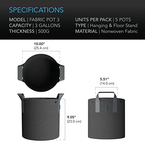 AC Infinity Heavy-Duty 500G Fabric Pots, 3 Gallon Grow Bags 5-Pack - size: 3 Gallon