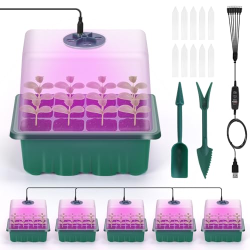 Seed Starter Kit with Grow Light, Flantor 72-Cell (6 Pack) Seed Starter Kit with Full Spectrum Grow Light, Auto Timer & Adjustable Brightness, 12-Cell Trays, Humidity Domes and 30 Plant Labels