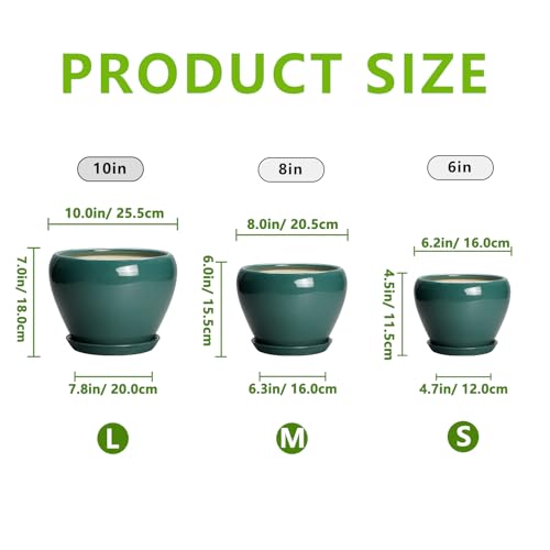 Ceramic Pots for Plants, 10+8+6 Inch Ceramic Plant Pot, Dark Green - color: Dark Green