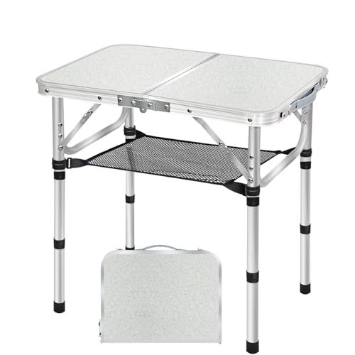 Small Folding Table with Storage Net, 24" x 16" Portable Foldable Camping Table with 3 Adjustable Height, White Metal Table for Beach, Patio, BBQ