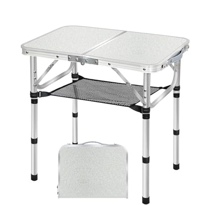Small Folding Table with Storage Net, 24" x 16" Portable Foldable Camping Table with 3 Adjustable Height, White Metal Table for Beach, Patio, BBQ