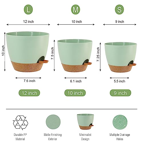UOUZ Large Self Watering Pots, 12/10/9 Plastic Planters with High Drainage Holes and Deep Reservoir for Indoor Outdoor Garden Plants and Flowers, Green with Brown - color: Green With Brown
