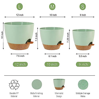 UOUZ Large Self Watering Pots, 12/10/9 Plastic Planters with High Drainage Holes and Deep Reservoir for Indoor Outdoor Garden Plants and Flowers, Green with Brown - color: Green With Brown