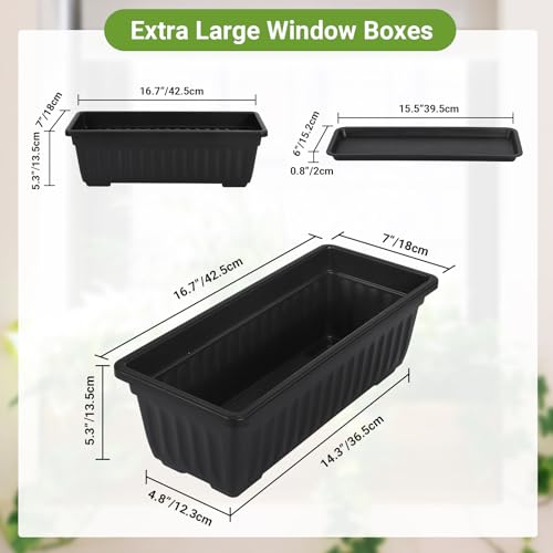 GREANER Rectangle Planters for Indoor Plants, 6 Pack 16.9x7.48 Inch Large Vegetable Flower Herb Window Boxes, Outdoor Plastic Growing Pots with Tray for House Windowsill Balcony Garden Use (Black) - color: Black, size: 6pcs/16.9x7.48in