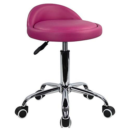 KKTONER PU Leather Round Rolling Stool with Back Rest Height Adjustable Swivel Drafting Work SPA Medical Task Chair with Wheels (Rose red) - color: Rose Red