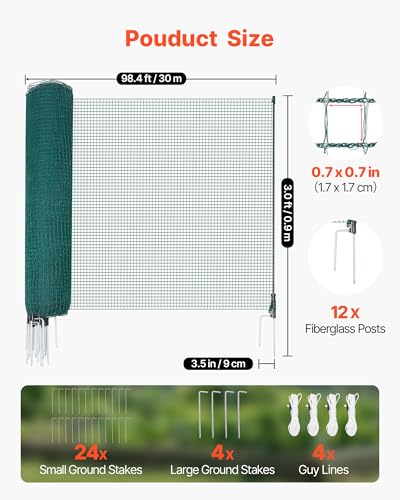 VEVOR Temporary Fence with Posts, 3 x 98.4 FT Plastic Mesh Fencing, Garden Safety Fences Netting with Double-Spike Stakes & Guy Ropes, Temporary Fence for Dogs, Chickens, Plants, Outdoor Yards - size: 36in*98ft